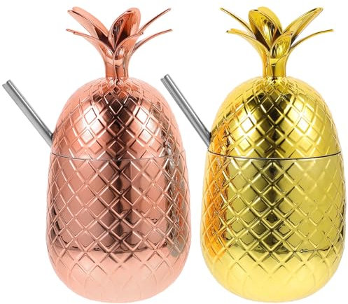 Healeved Lot de 2 verres à vin en acier inoxydable avec couvercle et paille en forme d'ananas pour piscine, fête tropicale, bar, 450 ml