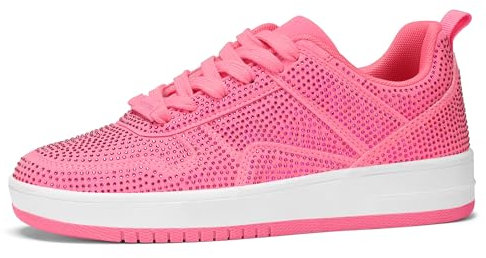 LUCKY STEP Sneakers Moda Donna Scarpe da Tennis Bianche Basse in Pelle con Pietre Luccicanti(Fucsia con Strass, 7US-37EU-4UK)