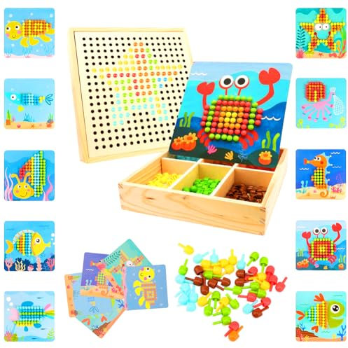 RANJIMA Mosaik Steckspiel Bastelset für Kinder Ab 3-5 Jahre - Pegboard Mit 240 Steckperlen, 10 Bilder - Montessori Spielzeug Geschenke für Mädchen Jungen - Ozean-Thema