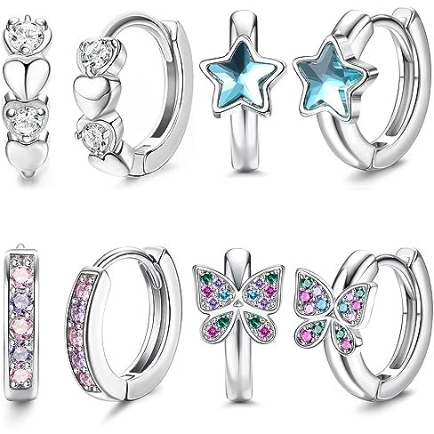 JeweBella 4 Paia Piccoli Orecchini a Cerchio Argento per Donna Ragazze Rosa/Blu Farfalla Cuore Stella Zirconio Orecchini a Cerchio Ipoallergenici Set di Orecchini Cartilagine Huggie Gioielli