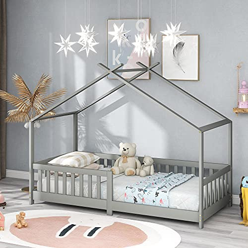 Kinderbett Hausbett 90x200 cm Rausfallschutz Bett, Holzbett für Kids, Mit Rausfallschutz und Lattenrost, für Kinder(Grau)