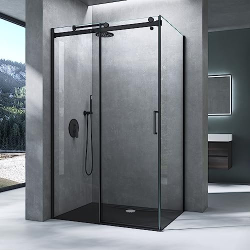 Mai & Mai Cabine de Douche en Angle 70x150x195cm avec Porte de Douche Coulissante Verre Trempé ESG Transparent Noir avec Mécanisme de levage et d'abaissement Rav19