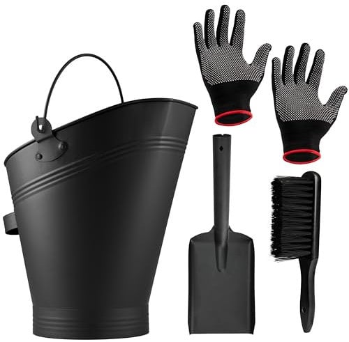 DecoExpress Juego Accesorios para Chimeneas, Conjunto de 4 Piezas - Cubo de Carbón, Pala de Carbón, Cepillo y Guantes