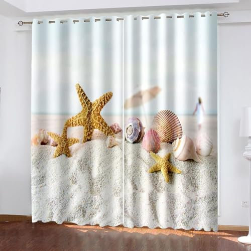 Plage de la mer Coquille 3D Rideau Occultant Thermiques Lot De 2 Rideaux À Oeillets Décoration De Fenêtre pour Chambre Et Salon Cuisine Draperie Enfants Phonique Intérieurs 2 x 130L x 240H cm