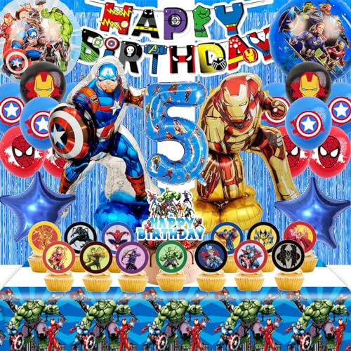 SWOKKTS Marvl Geburtstagsdeko 5 Jahre, Avegers Geburtstag Deko Jungen 5 Jahre, Superheld Geburtstag Kinder Luftballons mit Kuchen Deko, Marvl Deko Ballon Kindergeburtstag (Avegers Party Deko 5 Jahre)