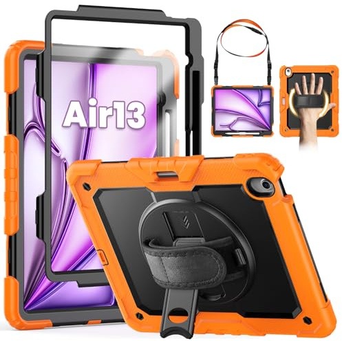 SEYMCY Hülle für iPad Air 13 Zoll 2026/2025/2024 (M4/M3/M2), Heavy Duty Stoßfest mit Displayschutzfolie, 360° drehbarer Ständer & Handschlaufe, Schultergurt, Stifthalter, Orange