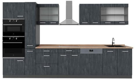 Vicco Küchenzeile R-Line, Küchenblock, Schwarz Beton/Anthrazit, 350 cm, AP Eiche