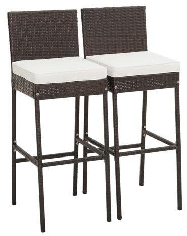 RELAX4LIFE Barhocker für den Außenbereich, Rattan-Barhocker, hohe Stühle mit Rückenlehne, Fußstütze, Sitzkissen und Metallrahmen, Tragkraft 180 kg, 76,2 cm Thekenhöhe, Barhocker für Garten, 2 Stück