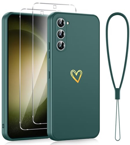 Phoona Protection Complète Silicone Coque avec cœur doré pour Samsung Galaxy S23 5G 6,1 avec 2 Pièces Verre Trempé, Housse Fine Antirayures Anti jaunissement étui pour Samsung S23 Con Cordon, Vert