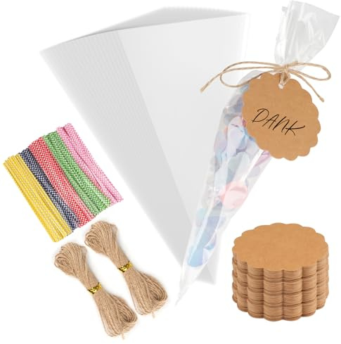 100xSüßigkeiten Tüten, 100x Geschenkanhänger, 25x13cm Spitztüten | OPP Durchsichtige Spitztüten Gastgeschenke Tüten, Klein Candy Bar Tüten für Hochzeit,Halloween,Weihnachten,Einschulung