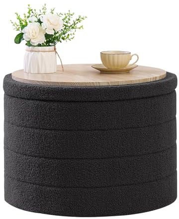 Bonlife Extra Large Folding Round Ottoman with Storage,Boucle Ottoman Stool, Footstool Seat Coffee Table,Toy Box Storage,Footrest Stool for Living Room,Bedroom,Grey,56x56x40cm