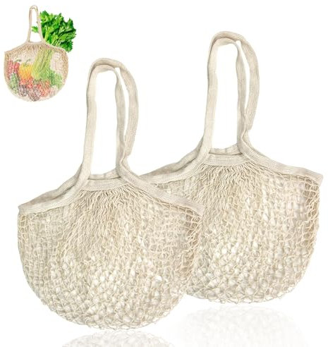 HUSOUE Netztasche, 2 Stück Mesh Bag Wiederverwendbare Gemüsebeutel Baumwolle mit Griff Waschbar Netzbeutel Einkaufstasche Netztaschen Faltbare Einkaufsnetze für Obst und Gemüse