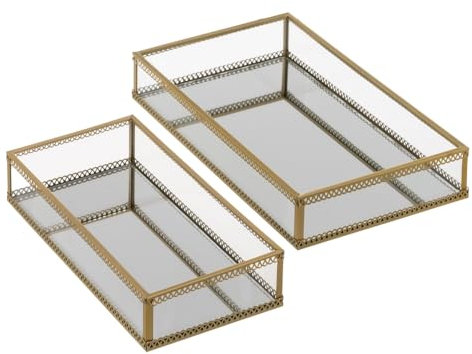 LOLAhome Set de 2 bandejas con Espejo de Cristal y Metal Dorado