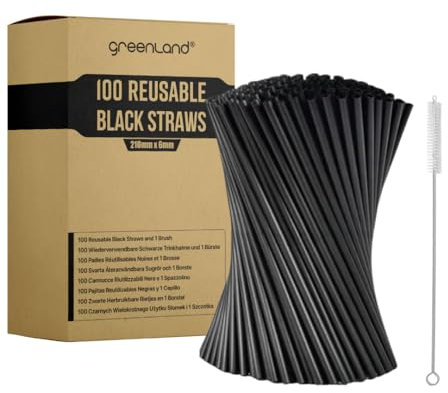 Greenland 100 Wiederverwendbare Schwarze Trinkhalme mit Bürste – 21 cm lang, 6 mm breit – Perfekt für Cocktails, Milch, Saft, Tee (Strohhalme)