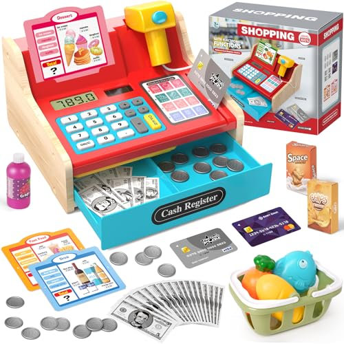 2025 Caisse Enregistreuse en Bois avec Scanner Calculatrice Jouet Enfant 3+ Ans, Faire Semblant de Jouer Magasin Jouets Cadeaux éducatifs pour Filles Garçons 3 4 5 6 7 Ans, Rouge&Bleu