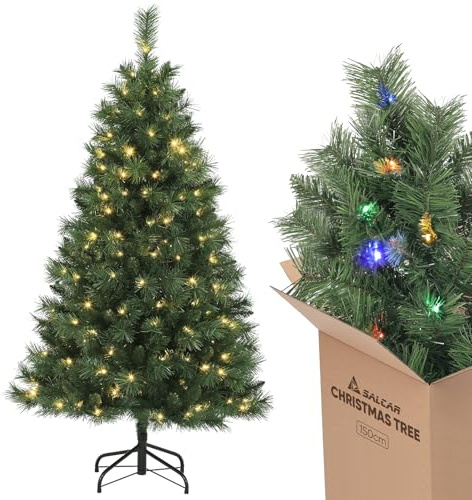 SALCAR 5ft Pre-lit Christmas Tree, Realistic Artificial Christmas Tree with LED String Lights & Remote Control, Xmas Tree with Warm White & Multicolor LED Lights, Quick Setup Christmas Decoration