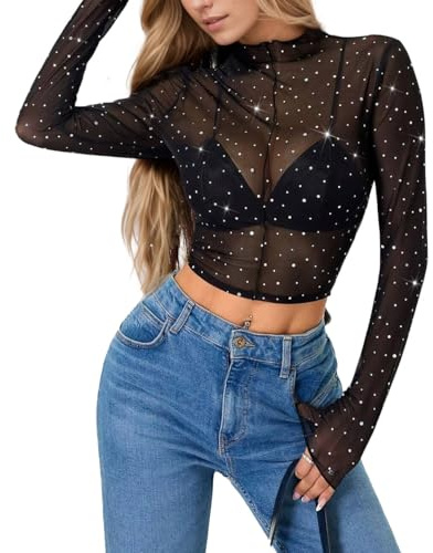 EMOTTOS Top da Donna in Pizzo con Paillettes, Top Corto Sexy con Scollo Rotondo Y2K, Maglietta a Maniche Lunghe Trasparente, Abbigliamento Estivo Slim Fit da Donna, Nero, Taglie S-L