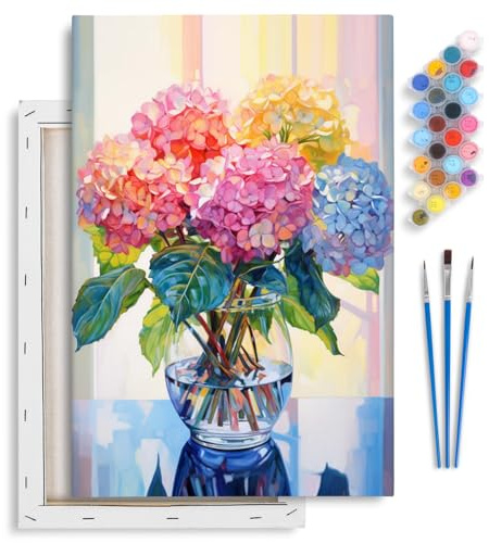 Fountor Hydrangea Paint by Numbers for Adults with Frame, Flowers in Glass Vase Adult Paint by Numbers Canvas Kits, DIY Acrylic Oil Painting by Number for Home Wall Decor Gift 8x12in/20x30cm
