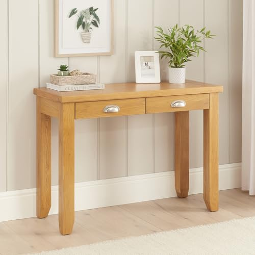 Cheshire Oak Dressing Table Desk with 2 Drawers – Solid Oak Shaker Furniture, 1100mm Wide x 435mm Deep x 780mm High, Natural Satin Lacquer Finish