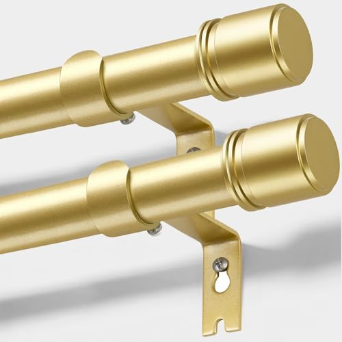 HOTOZON 2 stycken gardinstänger guld, 80–218 cm, 25 mm diameter, gardinstång, utdragbar, teleskopgardinstång, fönster med lockknoppar med hållare, gardinstänger för vardagsrum