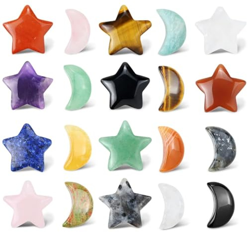 LAKPYN 20 psc natürlicher Stern-Edelstein Kristallstein polierter farbiger Edelstein Glücksstein Reiki-Heilkristall 10 sternförmige Kristallsteine ​​+ 10 mondförmige Kristallsteine（Zufällige Farbe）