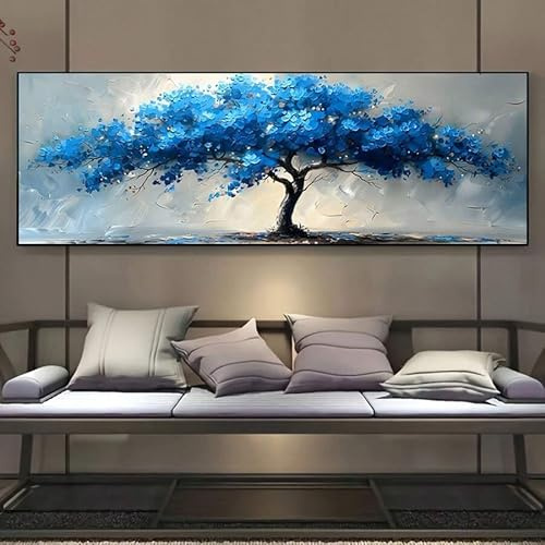 CHAOJIART Tableau sur toile extra large « Arbre de Vie » bleu - Paysage abstrait - Style contemporain à motifs géométriques (40 x 120 cm/Toile tendue sur châssis)