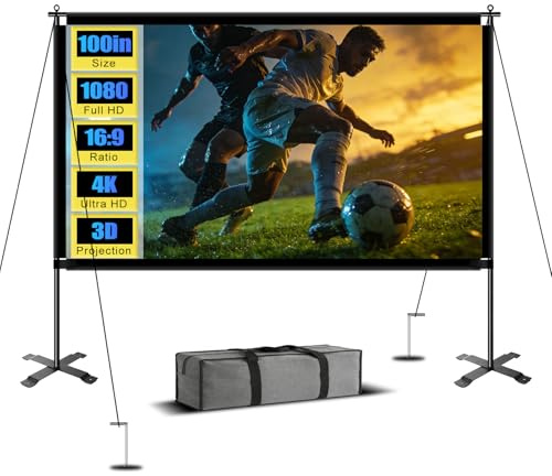 100inch Projector Screen with Stand, Large Projection Screen with Carry Bag | Portable, Outdoor, Indoor, Wrinkle-Free, Easy Setup, White Screen, Backyard, Movie Night, Camping, Home Theater, 16:9, 4K, 3D