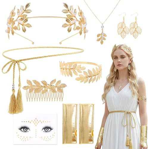 HarnyLoom Griechische Göttin Kostüm Schmuck Set, Oberarmreif Ohrringe Armband Gold Lorbeerkranz Goldene Hochzeit Haar Krone Karneval Griechische Göttin Accessoires Damen