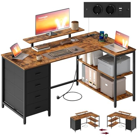 VASAGLE Scrivania Angolare a L con Prese di Corrente, Scrivania da Gaming, Layout Reversibile, Ripiani Regolabili, 4 Cassetti, 2 Porte USB, Studio Ufficio, 140 x 80 cm, Marrone Vintage LWD172KD01