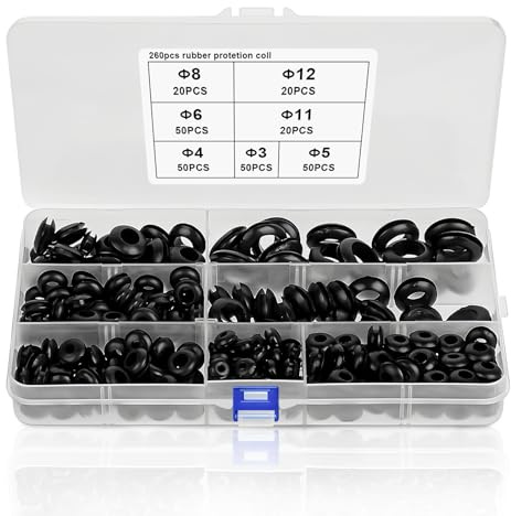 MFUSUL 260 piezas de set de pasacables de goma, 7 tamaños de mangas de goma, pasacables y tapones de goma para protección de cables, instalación eléctrica y conductos de cables, Negro