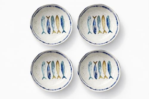 isigno Set de 4 Platos Llanos de Cerámica Artesanal 20,5 cm Diseño Mediterráneo con Peces Pintados a Mano Ideales para Tapas Entrantes y Postres