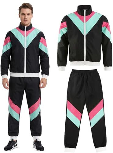 shyhand 80er 90er Jahre Outfit Retro Trainingsanzug für Herren Damen Jogginganzug Jacke Hose Kostüm mit Accessoires für Schlagerparty Mottoparty Karneval Bad Taste Anzug