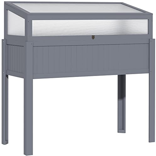 Outsunny Hochbeet Holz 2-in-1 mit Frühbeet, Gewächshaus Tomatenhaus, Pflanzkasten Gemüsebeet Kräuterbeet für Garten, Balkon & Terrasse aus Polycarbonat, 120 x 54 x 112/122 cm, Grau