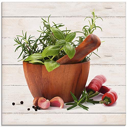 ARTland Wanddeko Glasbilder Wandbild Glas Bild einteilig 50x50 cm Quadratisch Stillleben Kräuter Gewürze Chili Mörser Holzoptik Landhaus T5OA