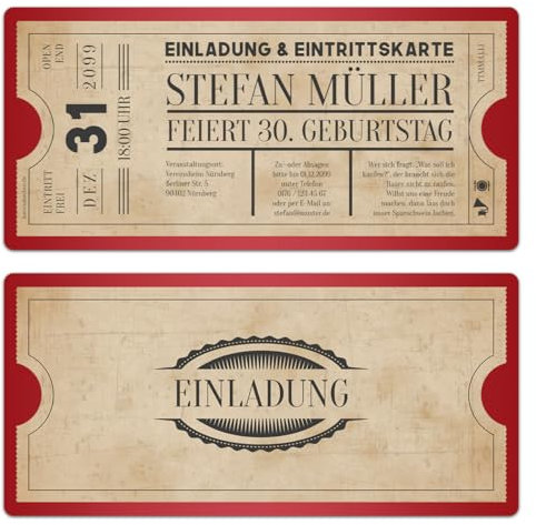 Kartenmachen.de Personalisierte Vintage Geburtstagseinladungen (als Set ab 10 Stück) als Eintrittskarte mit Abrissstreifen im Vintage Ticket Look in Rot, DIN Lang, dickes 300g/qm Papier