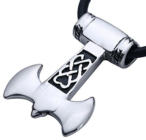 DonDon Men's Necklace Leather with Viking Axe Pendant Stainless Steel Silver in Velvet Jewellery Bag