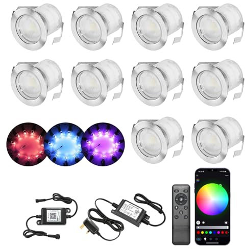 INDARUN RGB WiFi Led Decking Lights Waterproof IP67 Ø30MM - Led Plinth Lights for Terrace/Patio/Path/Wall/Garden/Decoration, 10 Packs