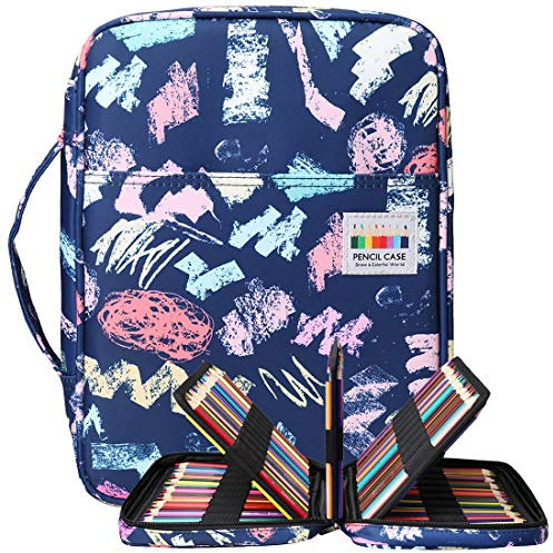 BOMKEE Federmäppchen mit 220 Fächern, Tragbar Buntstifte Organizer, Wasserdicht Bleistifte Halter Case für Studenten, Kinder, Erwachsene, Künstler(Alphabet Blau)