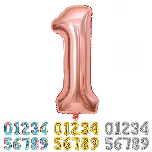 Ponmoo Foil Ballons Chiffre 1 Or Rose, Grands Ballon Numéro 0 1 2 3 4 5 7 8 10-19 20-29 30-39 40 50 60 70 80 90 100, Décoration de Ballons Géants pour Mariages Party et Anniversaires Fête