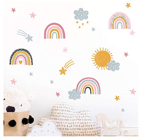 Little Deco Wandtattoo Regenbögen mit Sternen Wolken & Sonne I 107 x 92 cm (BxH) I Wandaufkleber Sticker Mädchen Wandsticker Kinderzimmer Deko Aufkleber DL484
