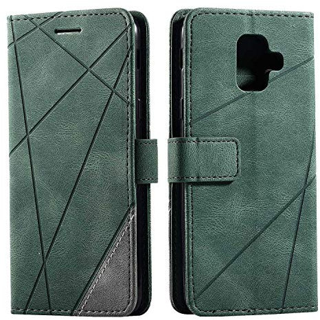 SONWO Hülle für Samsung Galaxy A6 2018, Premium Leder PU Handyhülle Flip Case Wallet Silikon Bumper Schutzhülle Klapphülle für Galaxy A6 2018, Grün