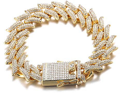 Halukakah Diamant Kubanische für Männer,20MM Herren 18 Karat Echt Vergoldet Goldkette Iced Out 3 Reihe Diamanten Dorn Kette Armband 20cm,Zinken-Set Labordiamanten,mit KOSTENLOSER Geschenkbox