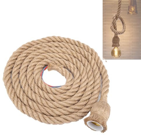 Zerodis Pendelleuchte Seil, 2m Vintage hängende Laterne Kabel mit E27 Birnenbasis Hanf Seil Material Land Vintage Industrial für DIY ländlichen Stil Home Decoration(1 Head)