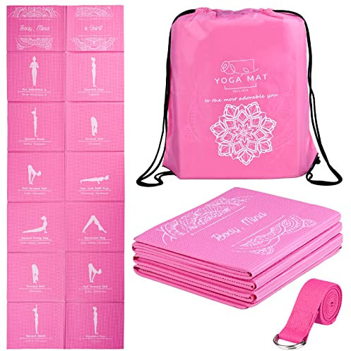 Faltbare Yogamatte für Frauen, rutschfeste Übungsmatte für Home Gym, Reise Yoga Set mit Stretch Strap für Yoga Pilates und Fitness, 173 x 61cm x 5mm dick (Rosa)