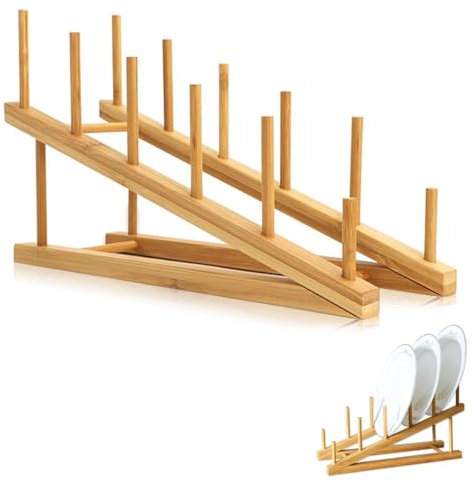 TIE-DailyNec 1 Pièce Egouttoir Vaisselle Bois, Support de Bambou pour Assiettes, 5 Compartiments Rangement Cuisine Egouttoir en Bambou pour Ranger des Assiettes, des Livres, des Verres à Vin