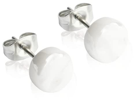 Runde Ohrstecker mit weißem Stein in Perlmuttoptik • Bunte Ohrringe für Damen • Nachhaltiger Modeschmuck aus Edelstahl & Glas • Ø 8mm