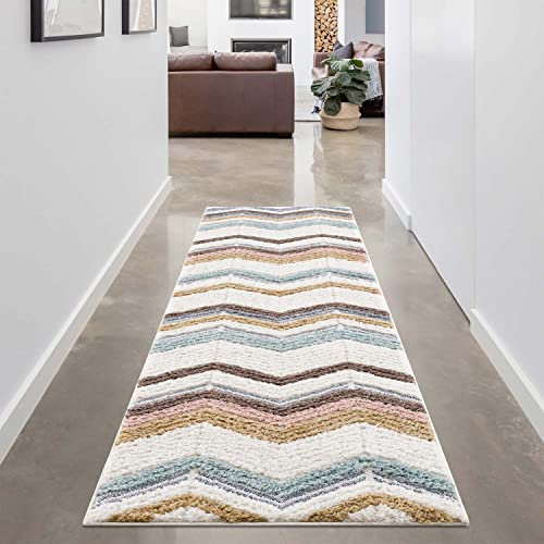 carpet city Teppich-Läufer Hochflor Flur - 80x300 cm - Modern Chevron, Zickzack Mehrfarbig - Cut-Loop, Hochtief, 3D-Effekt - Shaggy Teppiche Flauschig-Weich Schlafzimmer Langflor Bettvorleger