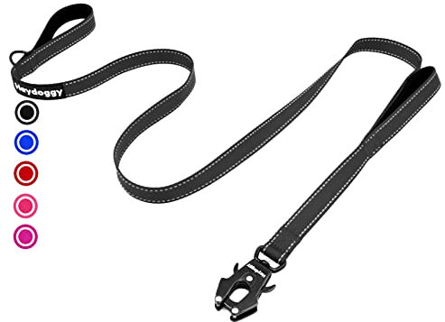 Strong Heavy Duty Dog Lead - 6ft Reflective Nylon Dog Training Leads with Padded Double Handle & Auto Lock Frog Clip, Safety Traffic Dog Leash for Large Medium Small Dogs Anti Pull Walking Black