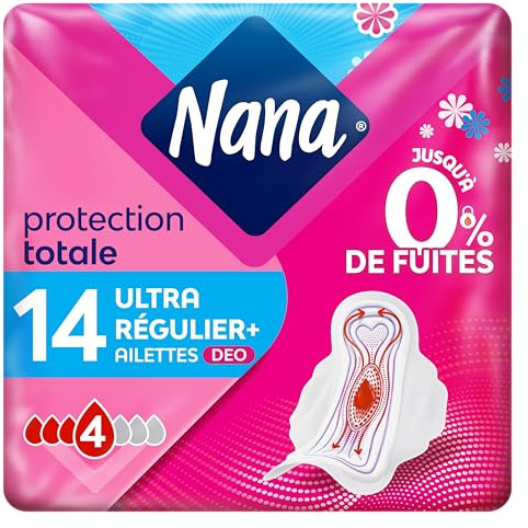Nana Ultra Regular Plus Deo Damenbinden mit Flügeln – moderater Flow – 14 Servietten in Einzeltasche