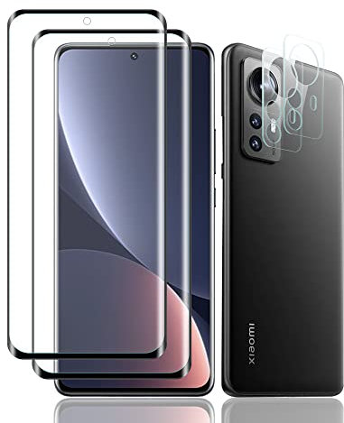 AiMok [4 Piezas 3D Protector de Pantalla Compatible con Xiaomi 12 Pro [dureza 9H] [Compatible con de Huellas], Protector de lente de cámara, Cristal Vidrio Templado para Xiaomi 12 Pro